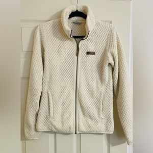 Columbia cream fleece zip-up jacket with leather accents